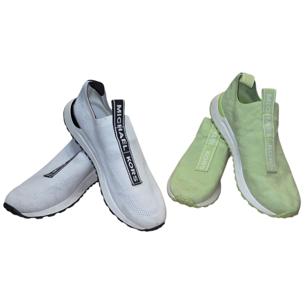Michael Kors White and Light Green Slip-On Sneakers